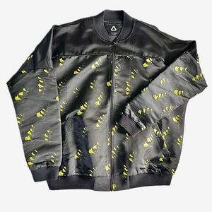 Titika Couture Embroidered Satin Bomber Jacket Yellow Floral on Black Size Large